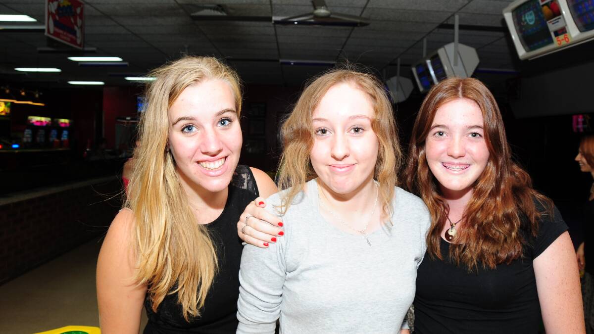 TEN PIN BOWLING: Madison Wykes, Kate Hagan and Kendel Sommerville.  Photo: LOUISE DONGES.