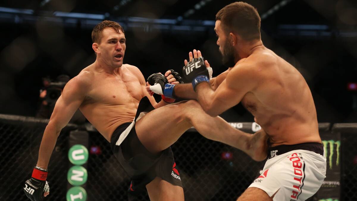 Kyle Noke lands the kick that was the beginning of the end of his fight against Peter Sobotta at UFC 193. Photo: GETTY IMAGES