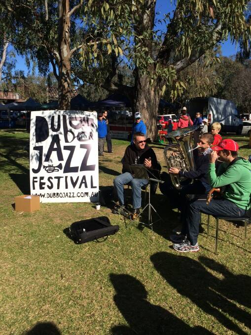 Musicians Tim Billiards, Stephen Smith and Allyn Smith were in action at the Farmers’ Markets on Saturday to promote next week's Dubbo Jazz Festival.                                                                               Photo: CONTRIBUTED