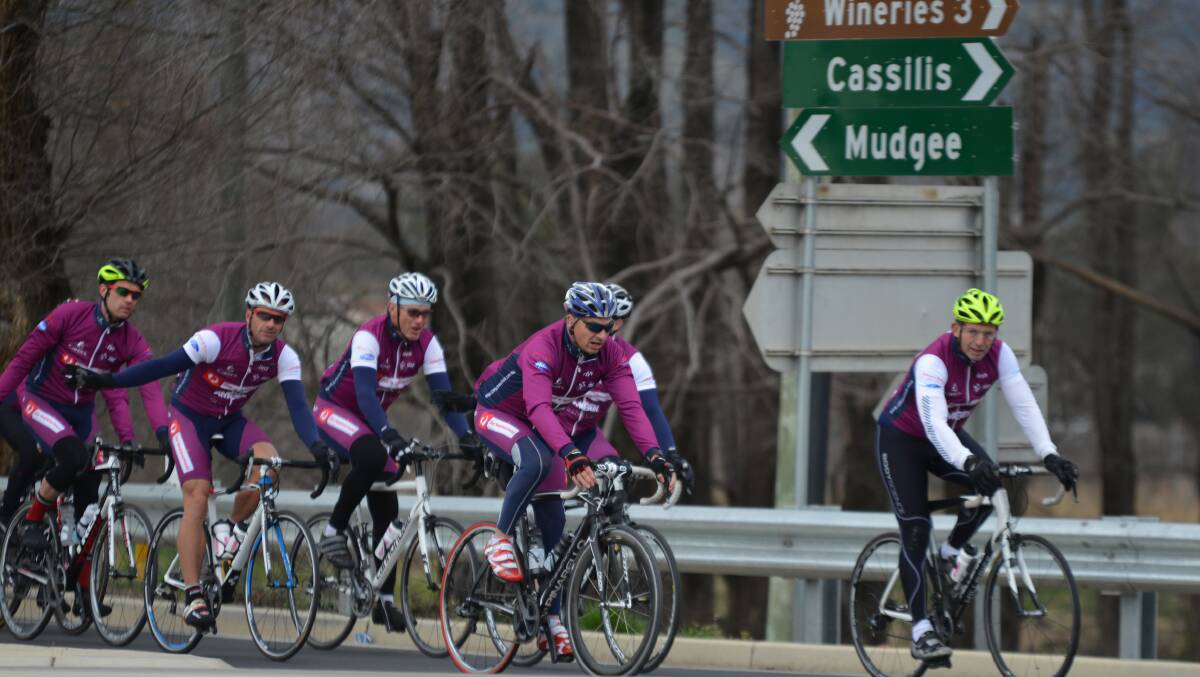 ON THE MOVE:  Prime Minister Tony Abbott cycles out of Mudgee with the Pollie Pedal on Saturday morning.   Photo by Col Boyd 