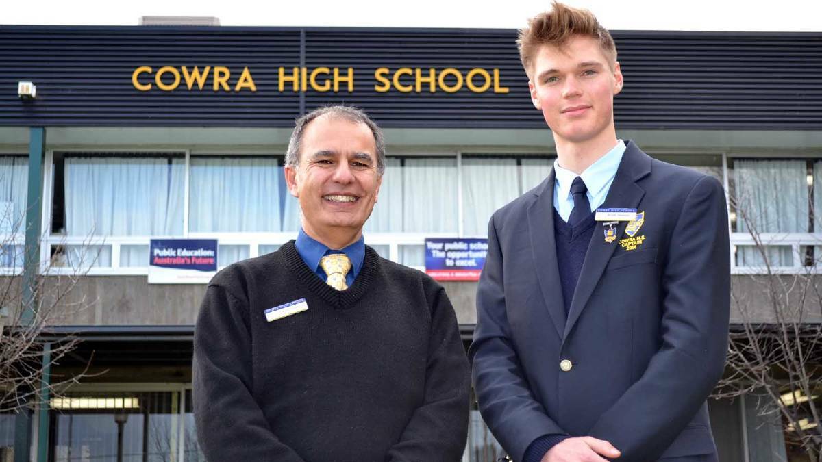 Cowra High School Principal, Charles Gauci, with Australian National University Tuckwell Scholarship 2015 winner and former Cowra High student, Brody Hannan. FILE PHOTO.
