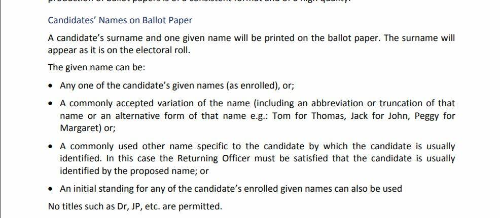 What the NSW Electoral Commission says in regards to names on the ballot paper.