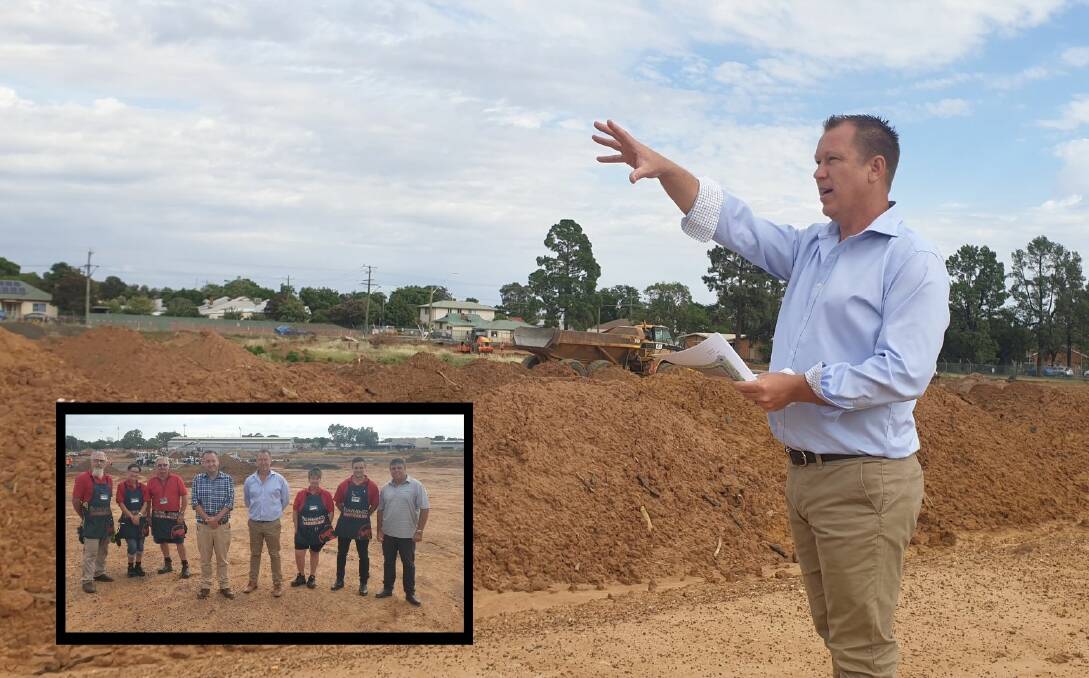 NEW SITE: Developer Mark Stanford showing where the new Bunnings store will be located. Inset: Mayor Ben Shields, Mark Stanford, Brett Harvey and some of the current Bunnings staff. Photos: ORLANDER RUMING