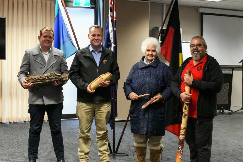 REFLECTION: Deputy mayor Stephen Lawrence and mayor Ben Shields talking with Aunty Narelle Boys and Uncle Lewis Burns for NAIDOC Week. Photos: DUBBO REGIONAL COUNCIL