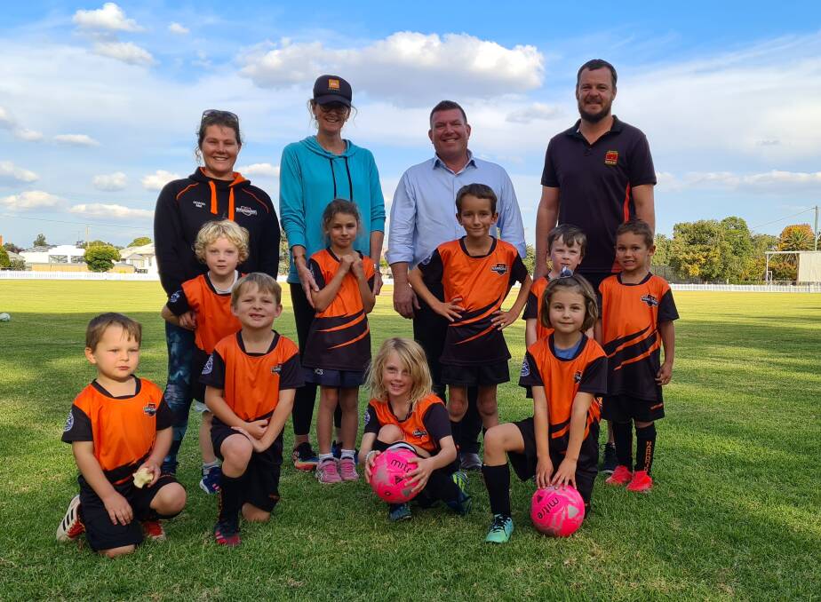 FUN: Dubbo MP Dugald Saunders with members of the Narromine Soccer Club at Dundas Park. Photo: CONTRIBUTED