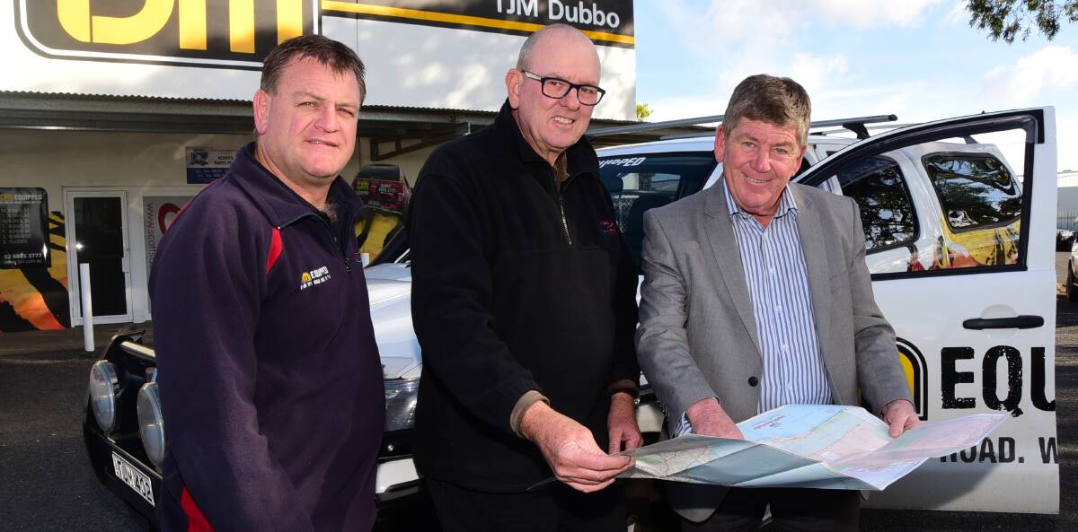 OUTBACK ADVENTURE: TJM Dubbo's Brett Warwick, with Jack Conyn and Sundy Dunshea from Rotary Club of Dubbo South. Photo: Belinda Soole