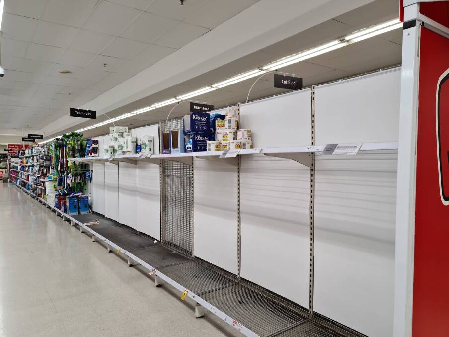 Empty shelves at Coles' Dubbo store on Sunday where toilet paper would normally sit. Photo contributed.