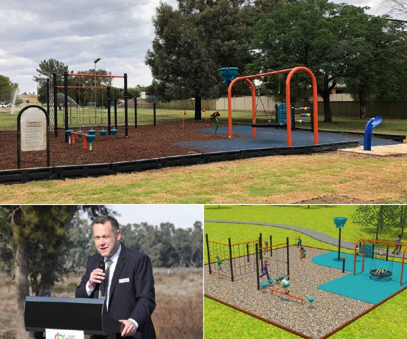 NEW LOOK: Algona Playground has been redeveloped. Mayor Ben Shields (bottom left) says he was happy with the design choice (bottom right). Photos: CONTRIBUTED