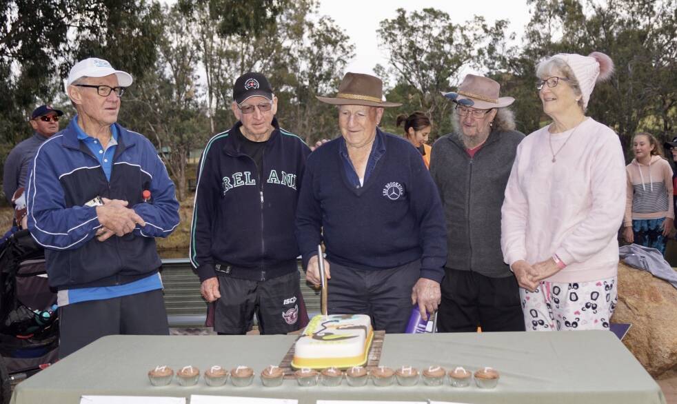 READY TO DASH: 90-year-old Les Brookfield (centre) will participate in his first Dubbo Stampede this week, after months of doing parkrun on a Saturday. Photo: CONTRIBUTED