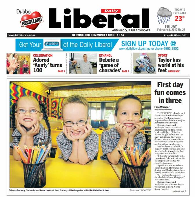STARTING SCHOOL: The Lewis triplets were on the front page of the Daily Liberal for their first day of Kindergarten at Dubbo Christian School back in 2012.