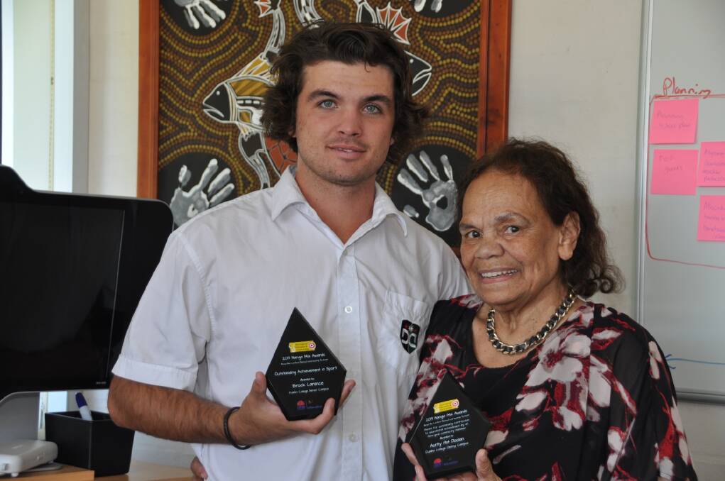 RECOGNITION: Dubbo College sports captain Brock Larance and former Dubbo Aboriginal Education Consultative Group president Aunty Pat Doolan with their awards. Photo: CONTRIBUTED