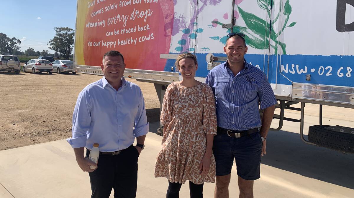 GOOD FOR BUSINESS: Dubbo MP Dugald Saunders with Emma and Jim Elliott from The Little Big Dairy. Mr Elliott said the grant would be very beneficial to the company. Photo: CONTRIBUTED