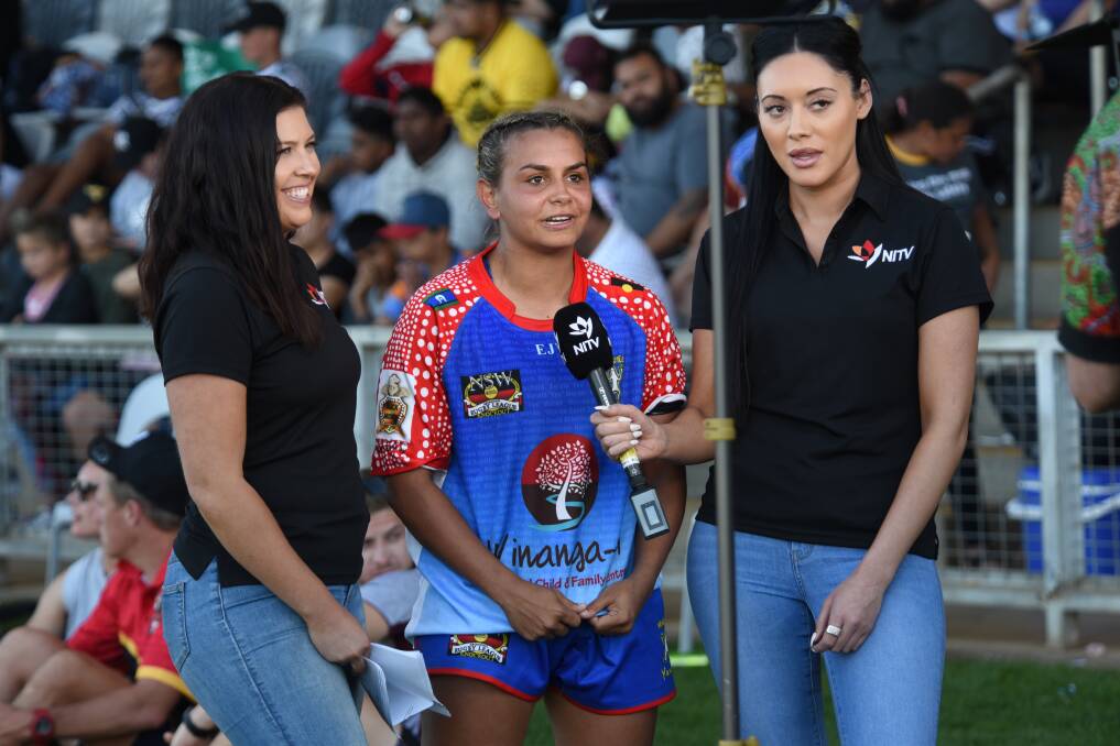 NATIONAL COVERAGE: Former Dubbo CYMS co-captain Rikka Lamb being interviewed by NITV after her Koori Knockout performance with the Newcastle Yowies. Photo: BELINDA SOOLE