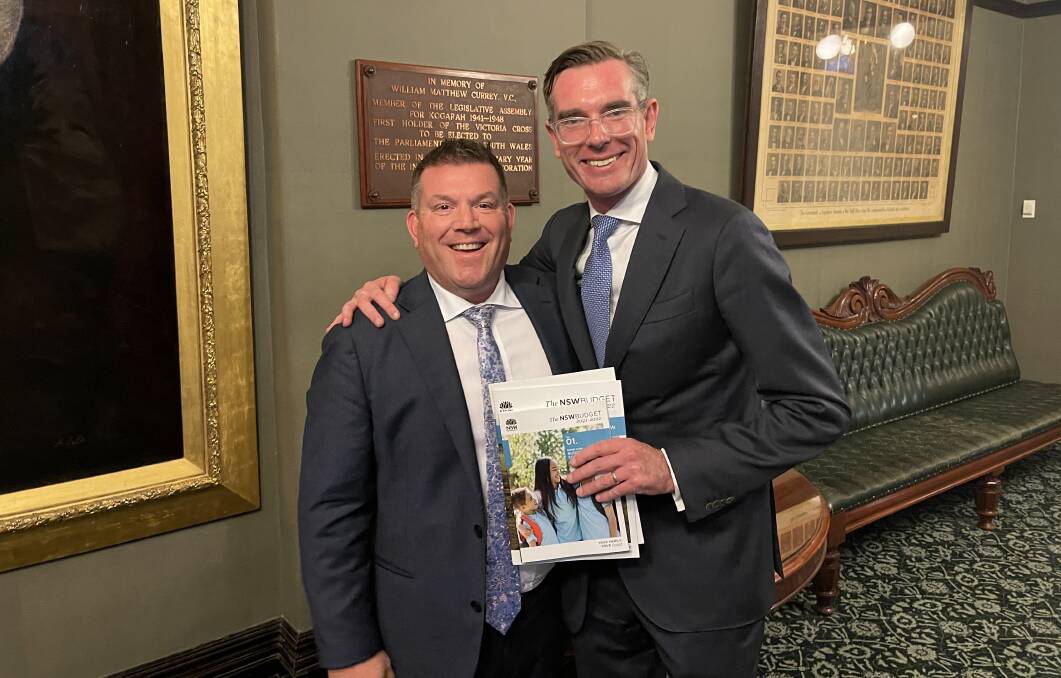 ECONOMIC OUTLOOK: Dubbo MP Dugald Saunders with Treasurer Dominic Perrottet after the Budget was handed down in NSW Parliament on Tuesday. Photo: CONTRIBUTED