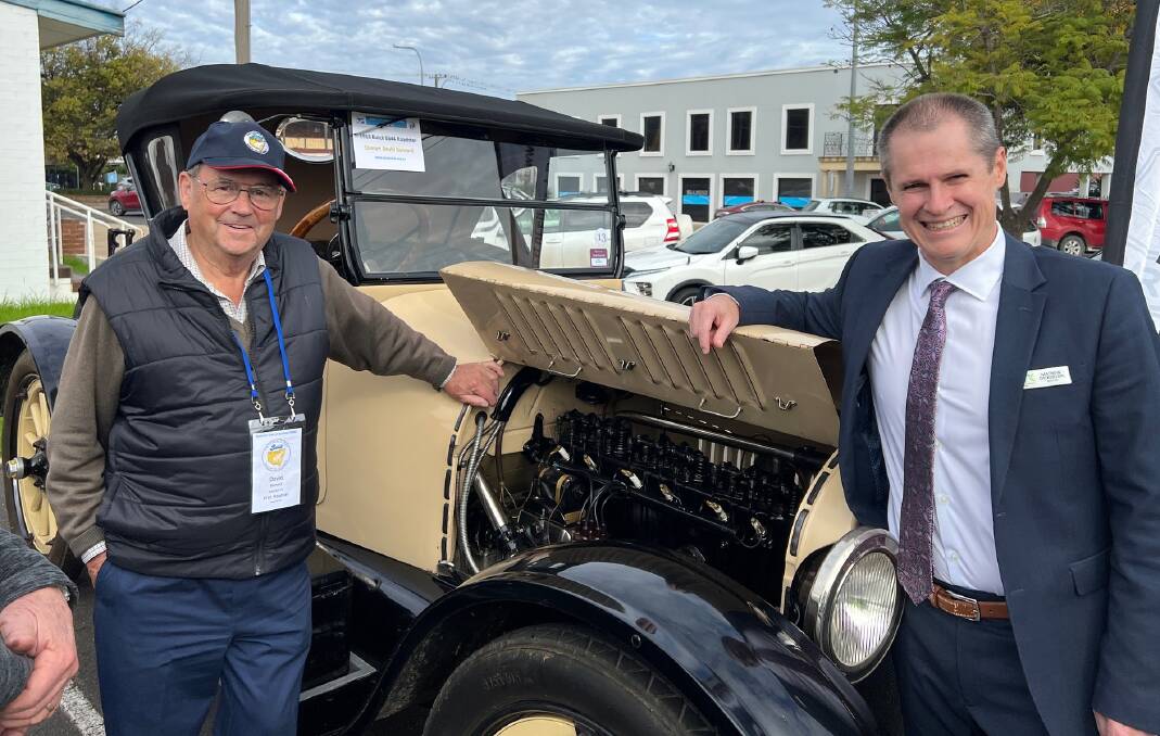 BOOST FOR BUSINESSES: Dubbo mayor Mathew Dickerson (right) with one of the members of the Buick Car Club at the weekend. Picture: MATHEW DICKERSON/FACEBOOK