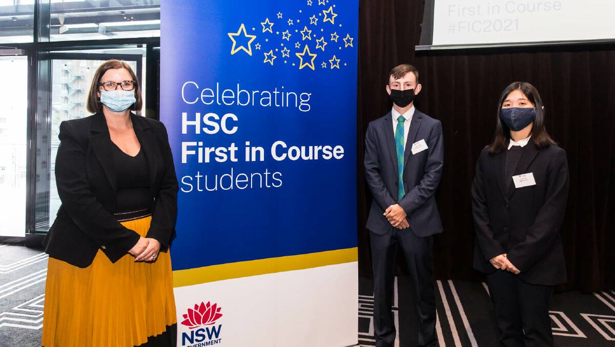 CONGRATULATIONS: Minister for Education Sarah Mitchell with Abram Liddell and fellow first-in-course award winner Michelle Ung. Picture: CONTRIBUTED