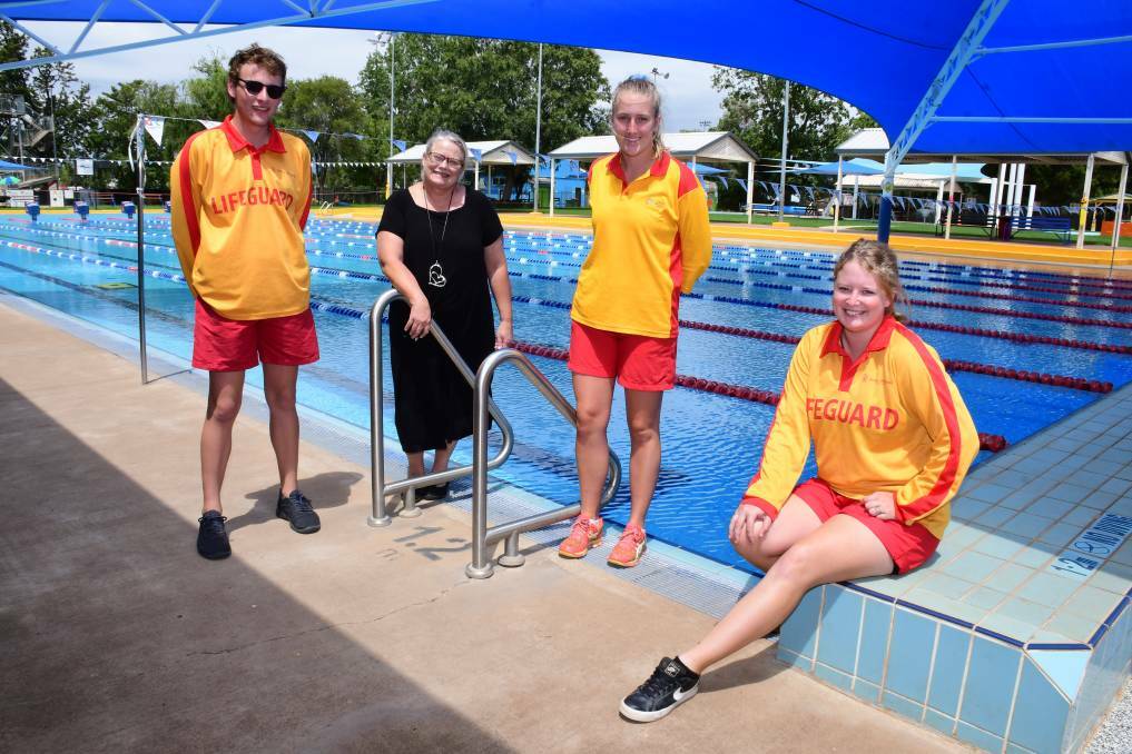 Lifeguards Joshua Hennessy, Savannah Dimmock and Caitlyn Semmler with pool manager Beth Shea. Photo: BELINDA SOOLE