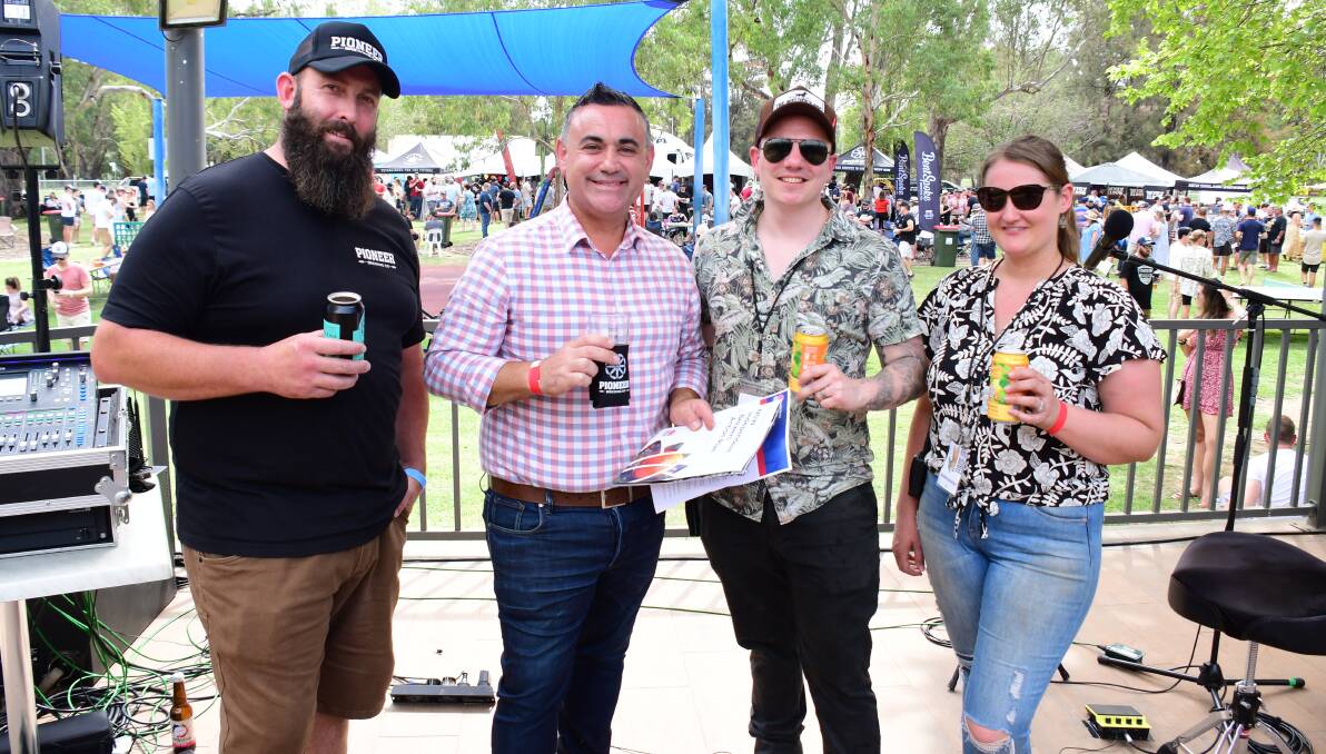 CELEBRATION: Pete Gerber and John Barilaro with Tim and Cass Smith at the Beers to the Bush Festival. Photo: AMY McINTYRE