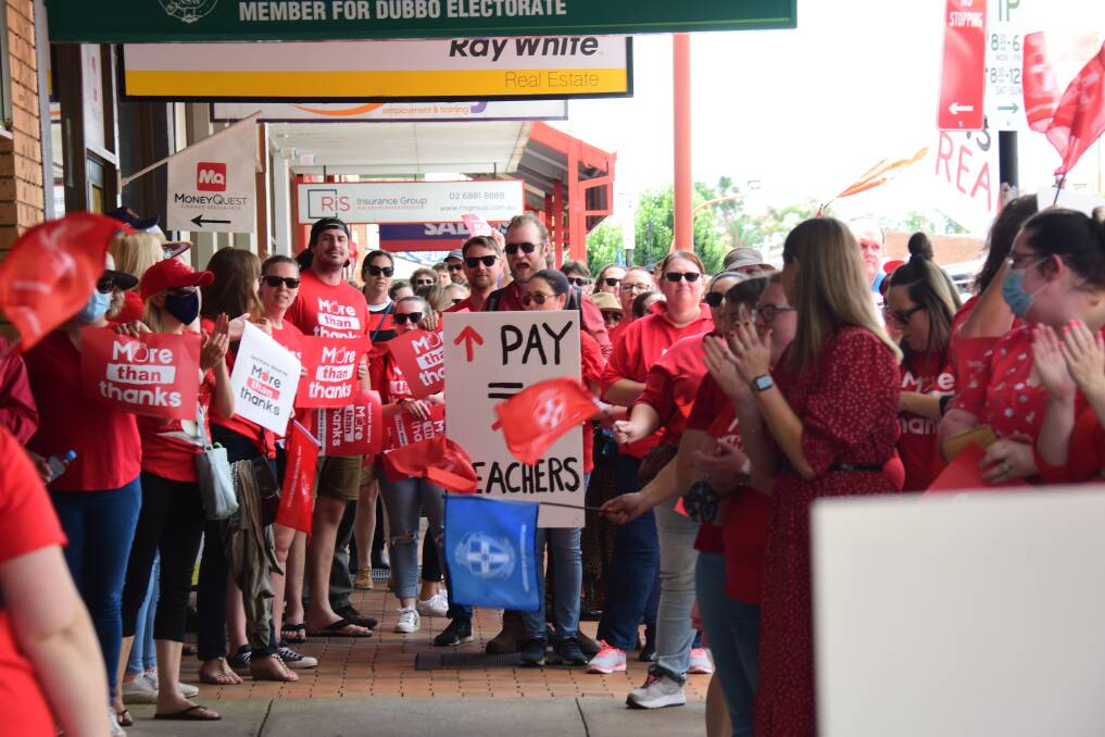 CALLING FOR MORE: A large number of Dubbo teachers took part in the last NSW Teachers Federation strike. Picture: AMY McINTYRE