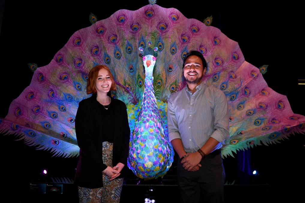 ​LIGHT: Zara Parsfield and Renzo B. Larriviere with their light sculpture Regal Peacock at the Vivid 2019 launch. Photo: AAP IMAGE/DAN HIMBRECHTS