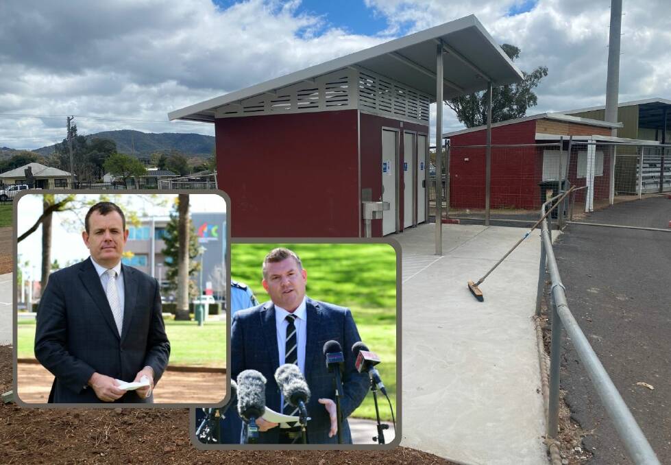 WORK: Dubbo mayor Stephen Lawrence and Dubbo MP Dugald Saunders say the work will improve the ground for sporting teams and spectators. Photo: CONTRIBUTED. Insets: FILE 