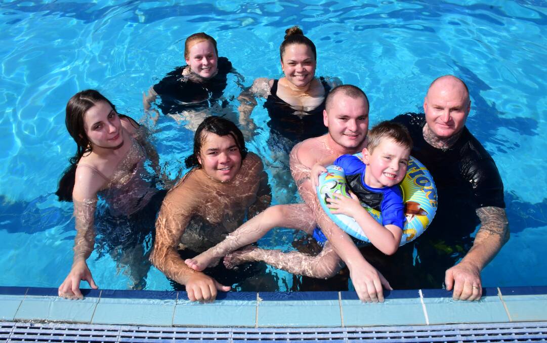 SPLISH SPLASH: Summer, Nicole, Blake, Regan, Noah, Ayden and Scott Dorin enjoying their day at the Dubbo pool. Photo: AMY McINTYRE