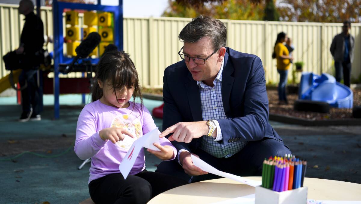 Then-education minister Alan Tudge during a visit to Narrabundah Children's Cottage in May 2021. That's last year - he's been hard to find this year. Picture: AAP