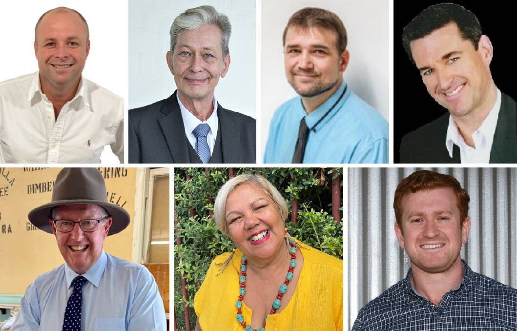 CANDIDATES: Top row: Peter Rothwell (Liberal Democrats), Petrus Van Der Steen (United Australia Party), Ben Fox (Informed Medical Options), Stuart Howe (Independent). Bottom row: Mark Coulton (National Party), Trish Frail (Greens), Jack Ayoub (Labor).