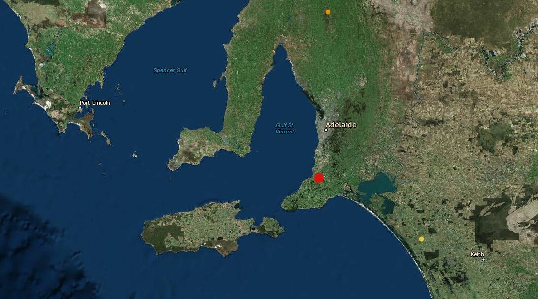 Geoscience Australia's map shows Mount Compass as the epicentre of an earthquake felt on Monday, May 28. Photo: Geoscience Australia.