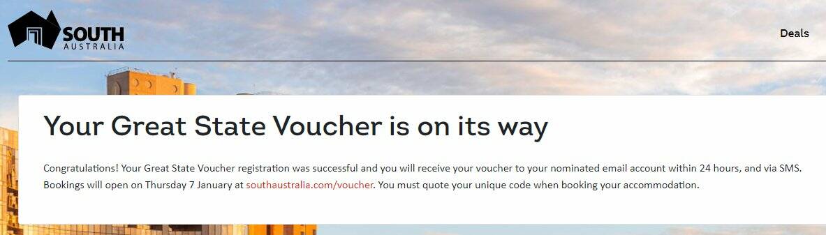 SECURED: This journalist was lucky to snag a Great State voucher, as shown in this screenshot. Image: Dani Brown/South Australian Tourism Commission. 