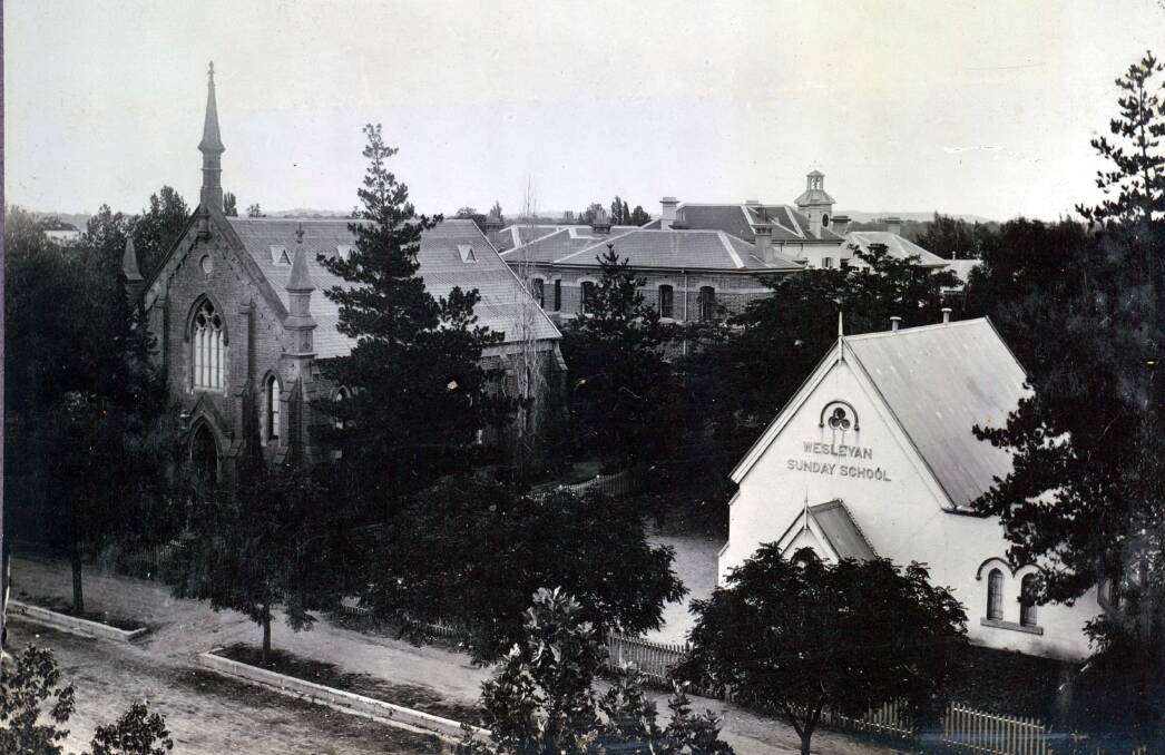 CHURCH: The Methodist Church and School in Johnston Street about 1910. The Post Office building can be seen in the centre background. Picture: Anthony Brunskill Album, Museum of the Riverina.