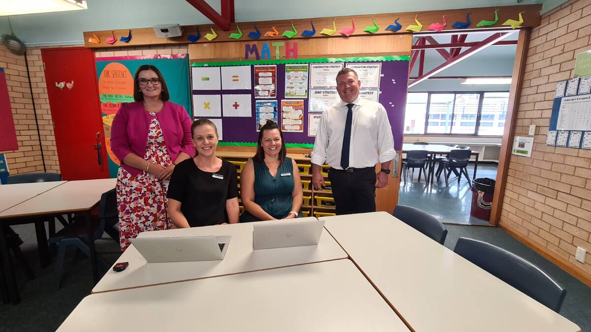 THANK YOU: Member for the Dubbo Electorate Dugald Saunders with the Minister for Education and Early Childhood Sarah Mitchell and Orana Heights Public School teachers Chloe ONeill and Natalie Barnes.