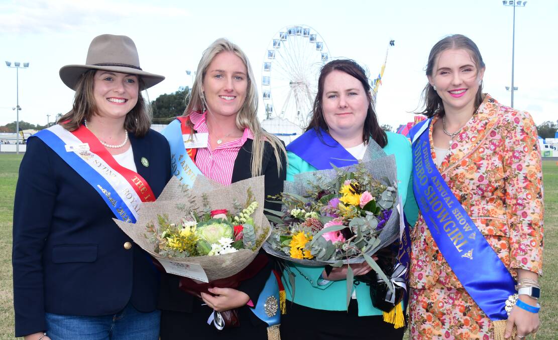 SHOWGIRLS: Jessica Neale, 2021 Showgirl runner up Savannah Dimmock with Dubbo Showgirl Niamh Hutchinson and 2019 Showgirl Tyla Comerford. Photo: AMY McINTYRE