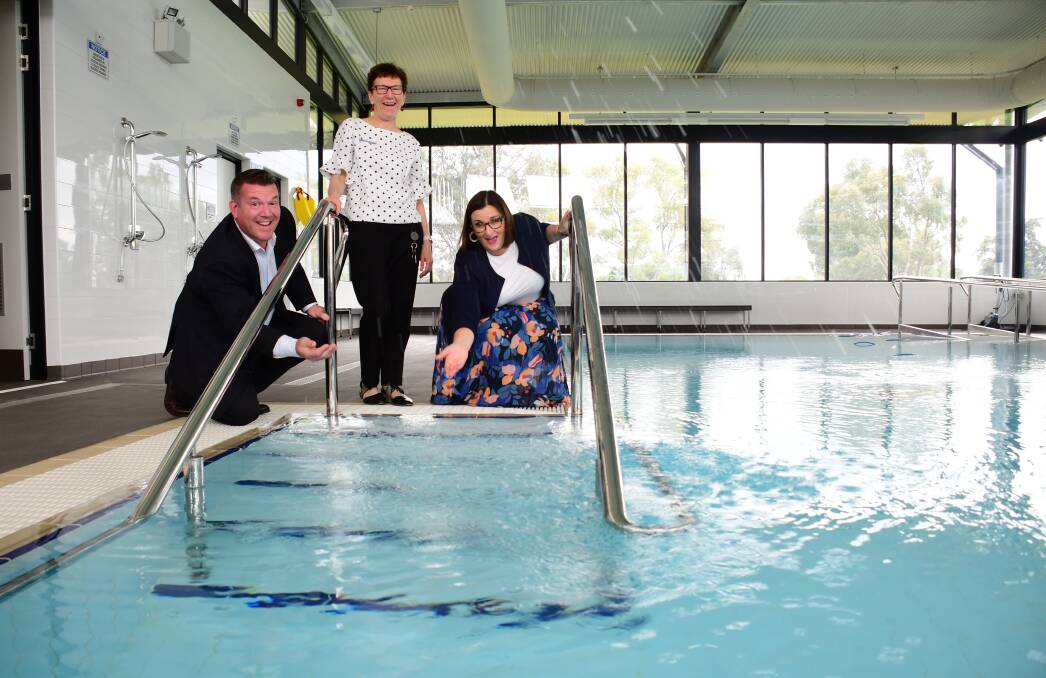 NOW OPEN: Dubbo MP Dugald Saunders, Debbie McReadie and Minister for Education Sarah Mitchell at the now open Hydrotherapy pool. PHOTO: AMY MCINTYRE.
