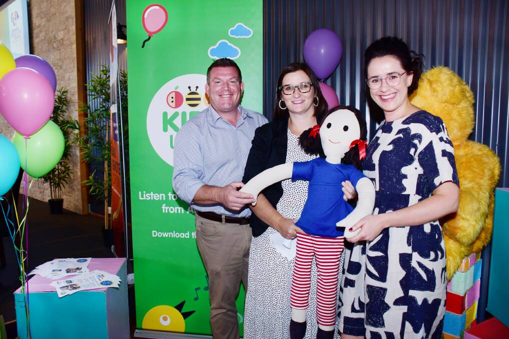 SAY HELLO: Dubbo MP Dugald Saunders, Early Education Minister Sarah Mitchell and ABC Kids' Laura Stone with some of the event's special guests. Photo: AMY McINTYRE