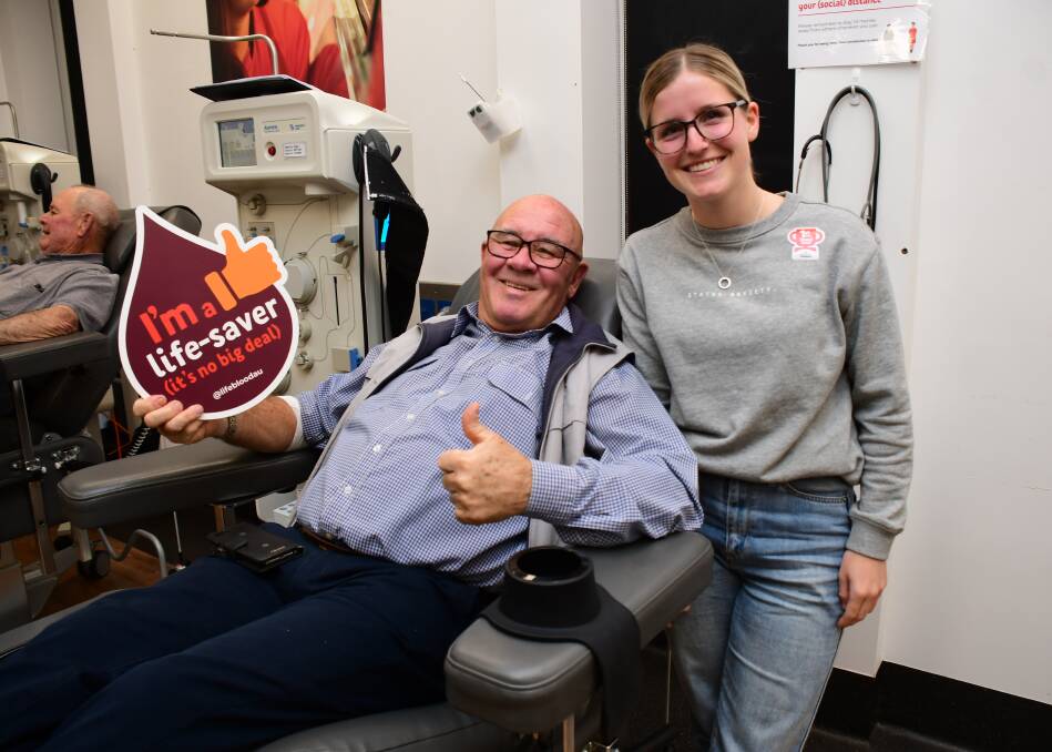 THUMBS UP: While Ray Sutcliffe has been donating for 50 years, Laura Shanahan made her first donation on Friday. Photo: AMY McINTYRE