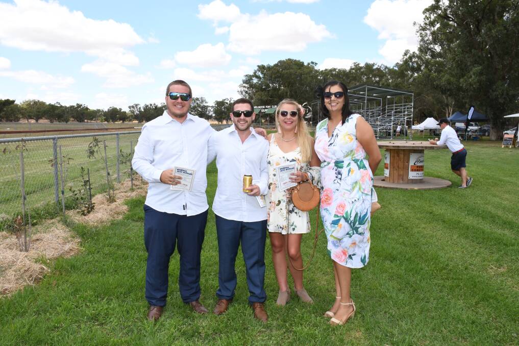 Punters at play: Daniel Millgate, Andy Jones, Ebony Brydon with Taylah Dunn at the Geurie Picnic Races on Saturday. Photo: AMY MCINTYRE.