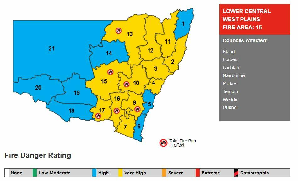 HEATWAVE: A total fire ban is in place for Thursday, January 17 in the following council areas: Bland, Forbes, Lachlan, Narromine, Parkes, Temora, Weddin and Dubbo. Image: NSW RFS