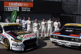 TRIBUTE: Mark Winterbottom and Dean Canto (at centre) unveiled their car's new livery to recognise Ford's 1977 Bathurst 1000 win. Photo: NADINE MORTON 100417nmtribute9