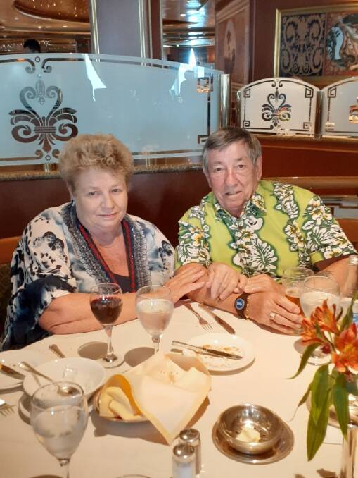 HAPPY DAYS: Sue Smith and her partner Jayson O'Brien during happier times on board the Ruby Princess in March, 2020. Photo: SUPPLIED
