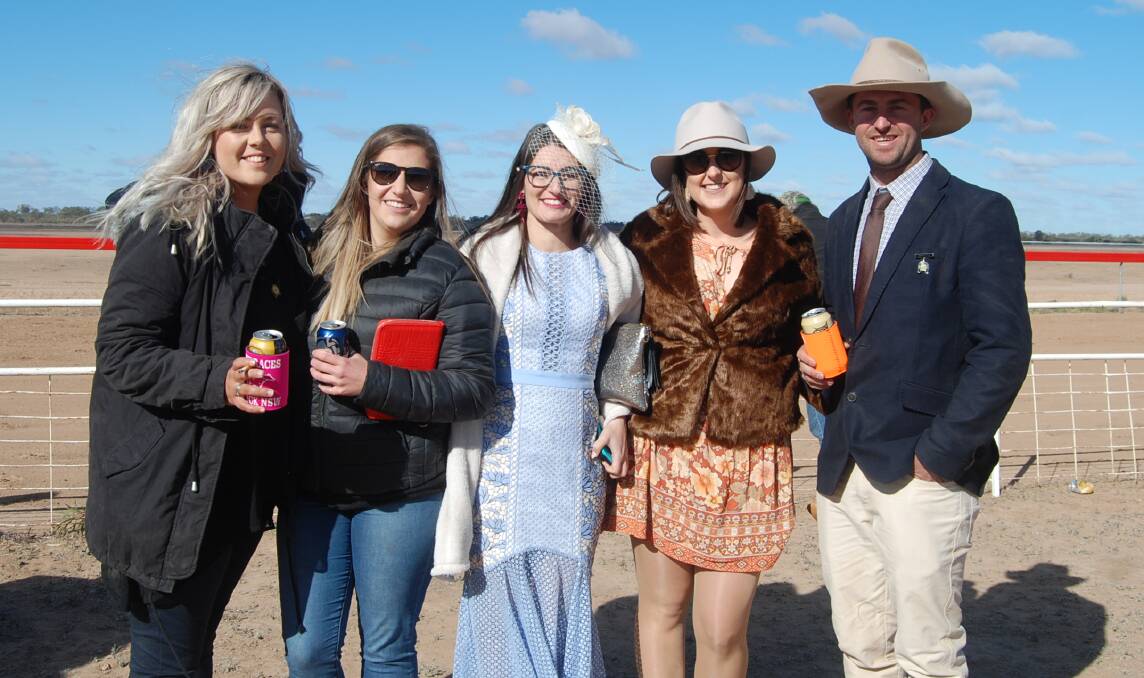 LAST YEAR: Jane Laughlin, Harriet Pascal, Kylie Scales, Kate Russell and James Chandler were among an estimated 4000 people who attended last year's Louth Races. Photo: ZAARKACHA MARLAN