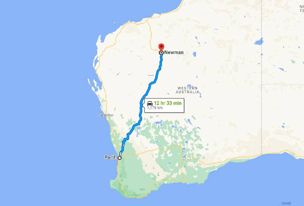 The truck left in Newman, in the Pilbara, on January 10 and arrived at a Perth depot in Malaga on January 16 without the radioactive capsule. Image by Google maps