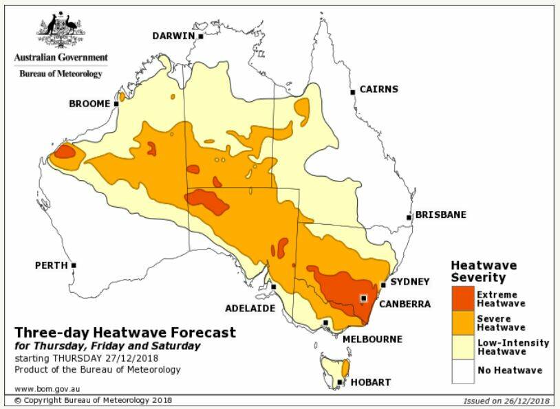 HOT WEATHER: Severe to extreme heatwave conditions will continue to expand south-east NSW from Thursday to Saturday. Image: BUREAU OF METEOROLOGY