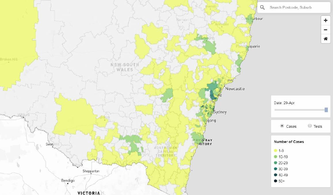 NEW DATA: Heat maps that became available from May 1 will pinpoint coronavirus cases by postcode in NSW. Image: NSW GOVERNMENT