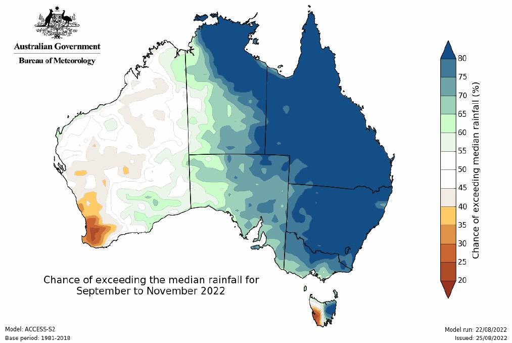 Most of eastern Australia can expect above average rainfall during spring, the BOM's spring 2022 outlook states. Image by Bureau of Meteorology 