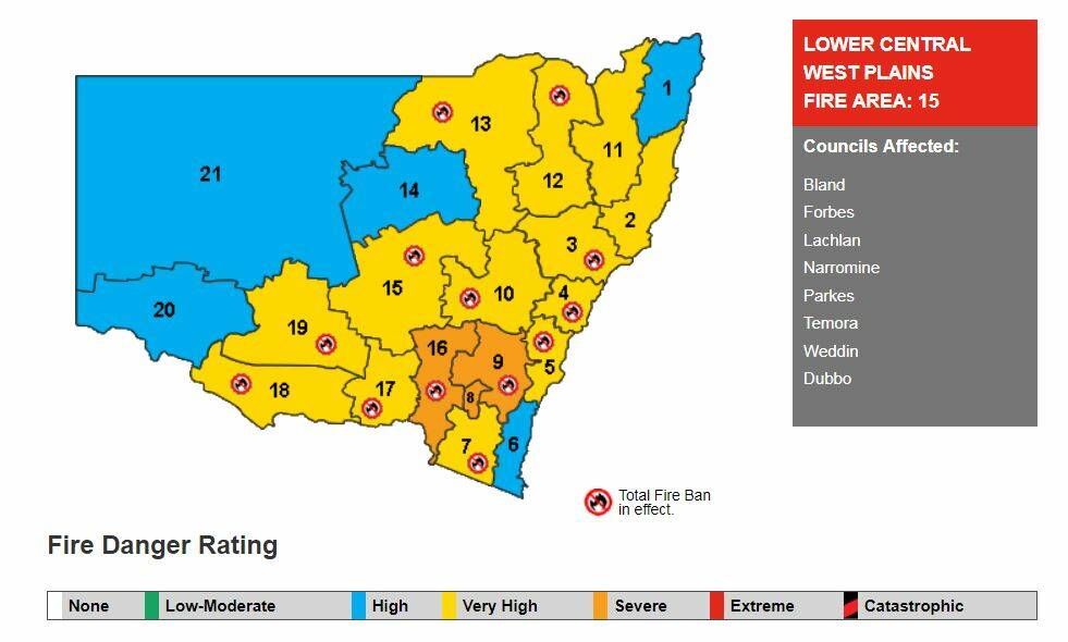 HEATWAVE: A total fire ban is in place for the Lower Central West Plains on Friday, January 18. Image: NSW RFS