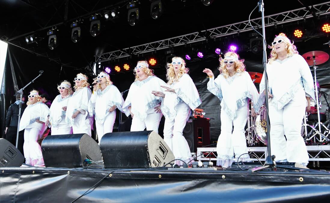 THEY WILL DANCE ON: Some Dancing Queens on the main stage at Berryman Oval during the 2019 Trundle ABBA Festival. Photo: Jenny Kingham