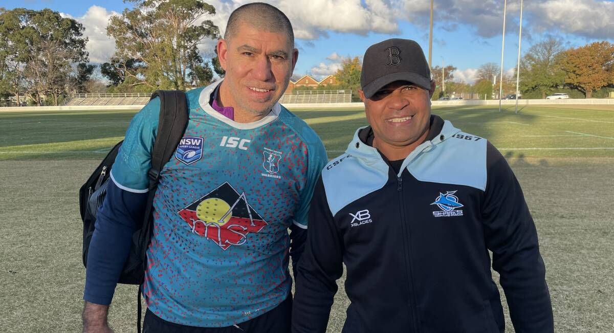 STILL GOING STRONG: Darren Toomey and Bubba Kennedy have over 80 years of rugby league experience between them. The pair played side-by-side on Saturday. Photo: JAKE HUMPHREYS