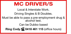 MC DRIVER/S
Local &amp; Interstate Work.
 Driving Singles &amp