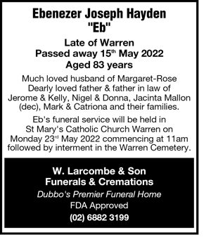 Ebenezer Joseph Hayden
 "Eb" 
Late of Warren
Passed away 15^t^